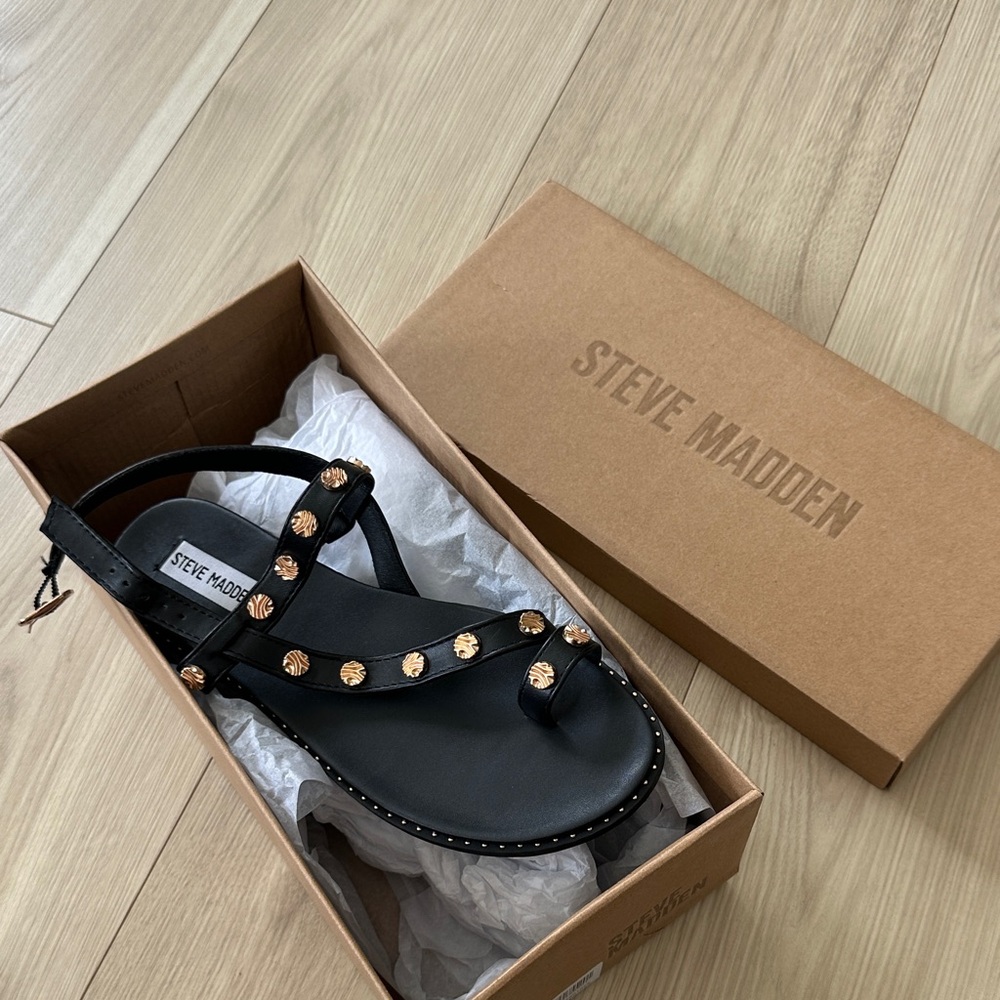 Nwt Steve Madden Black Sandals with Gold Accents